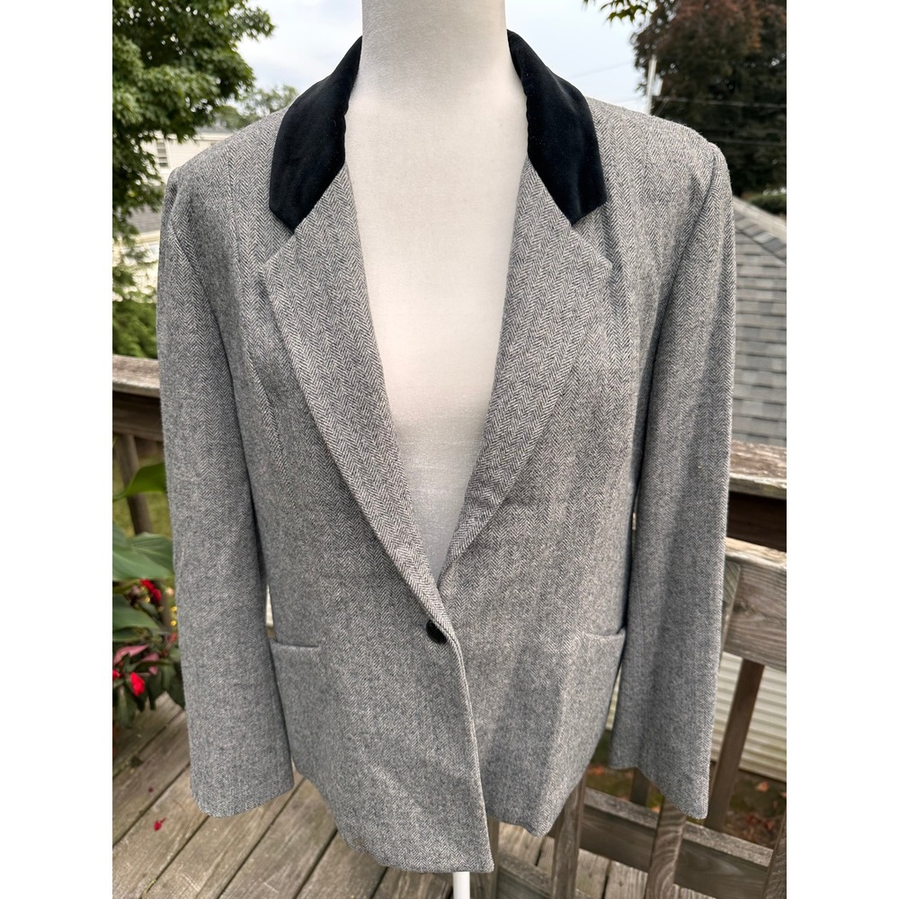 Vtg Oleg Cassini Womens Wool Blazer Grey Herringbone Velvet Collar Size 10/12